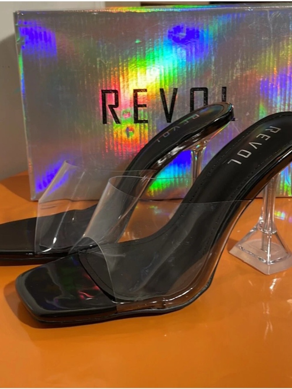 Revo Clear Strap Black and Transparent Mule Heels